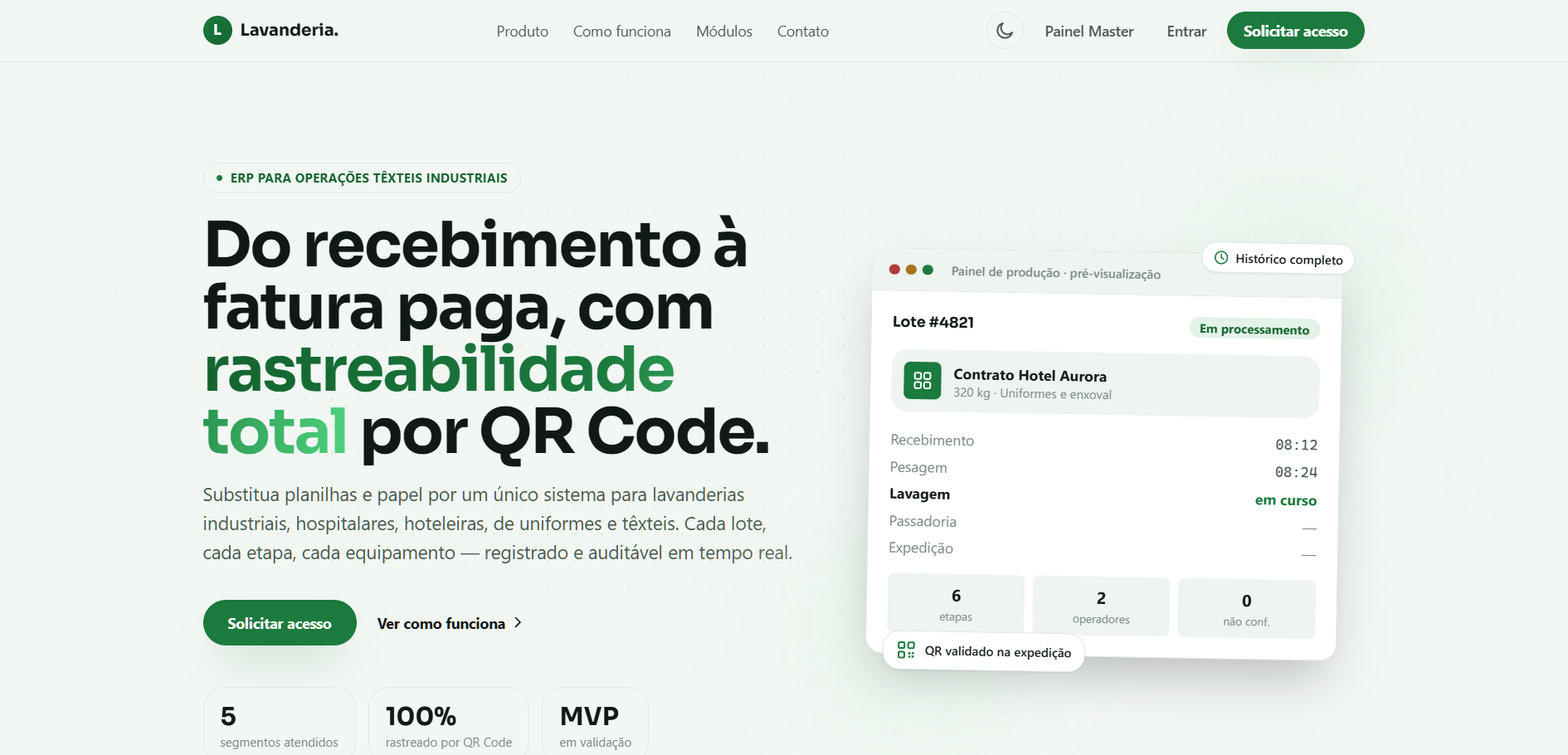 Tela inicial do sistema de lavanderia, com o painel de produção e o rastreio de um lote por QR Code