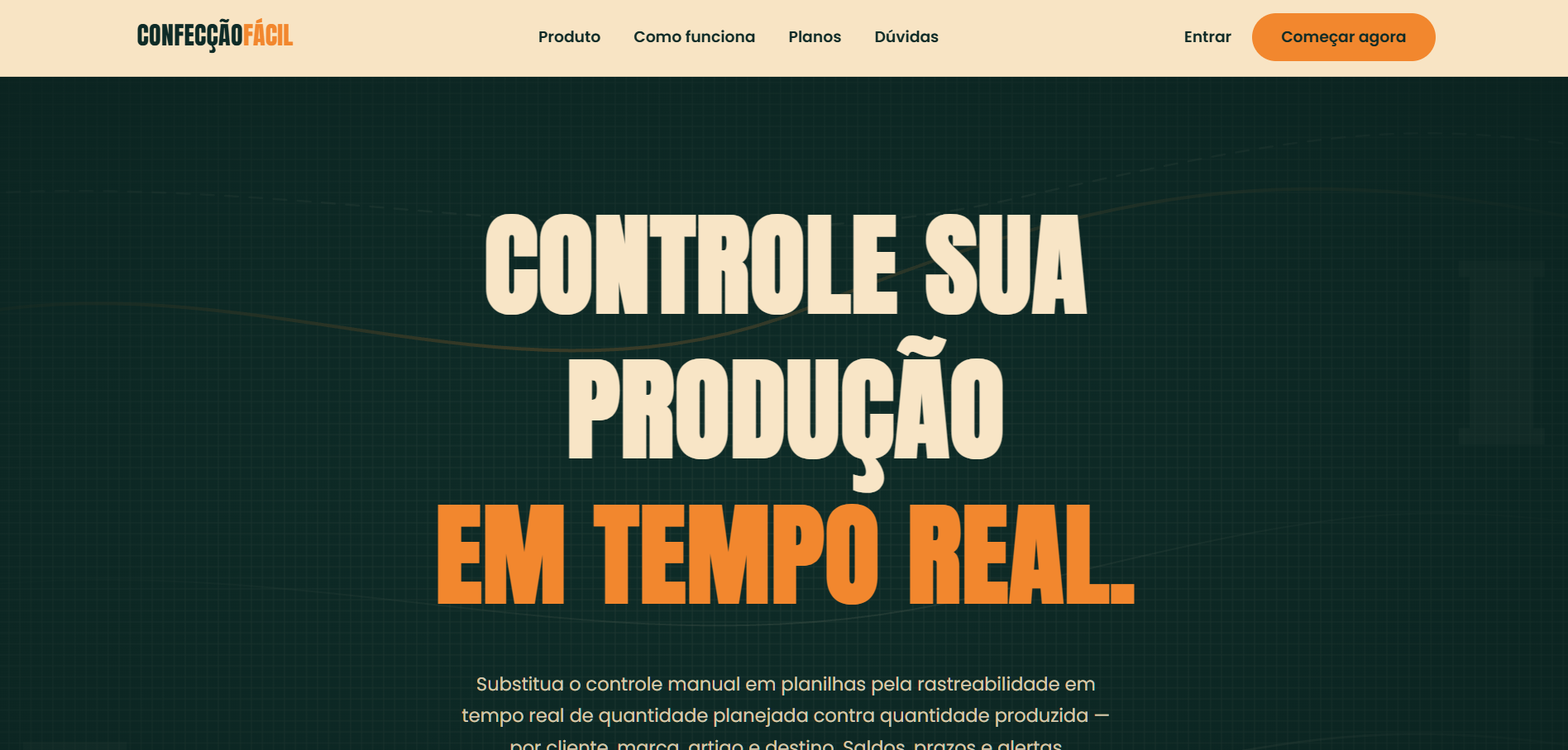 Página inicial do sistema de gestão têxtil, com a chamada sobre acompanhar grades, saldos e prazos de produção